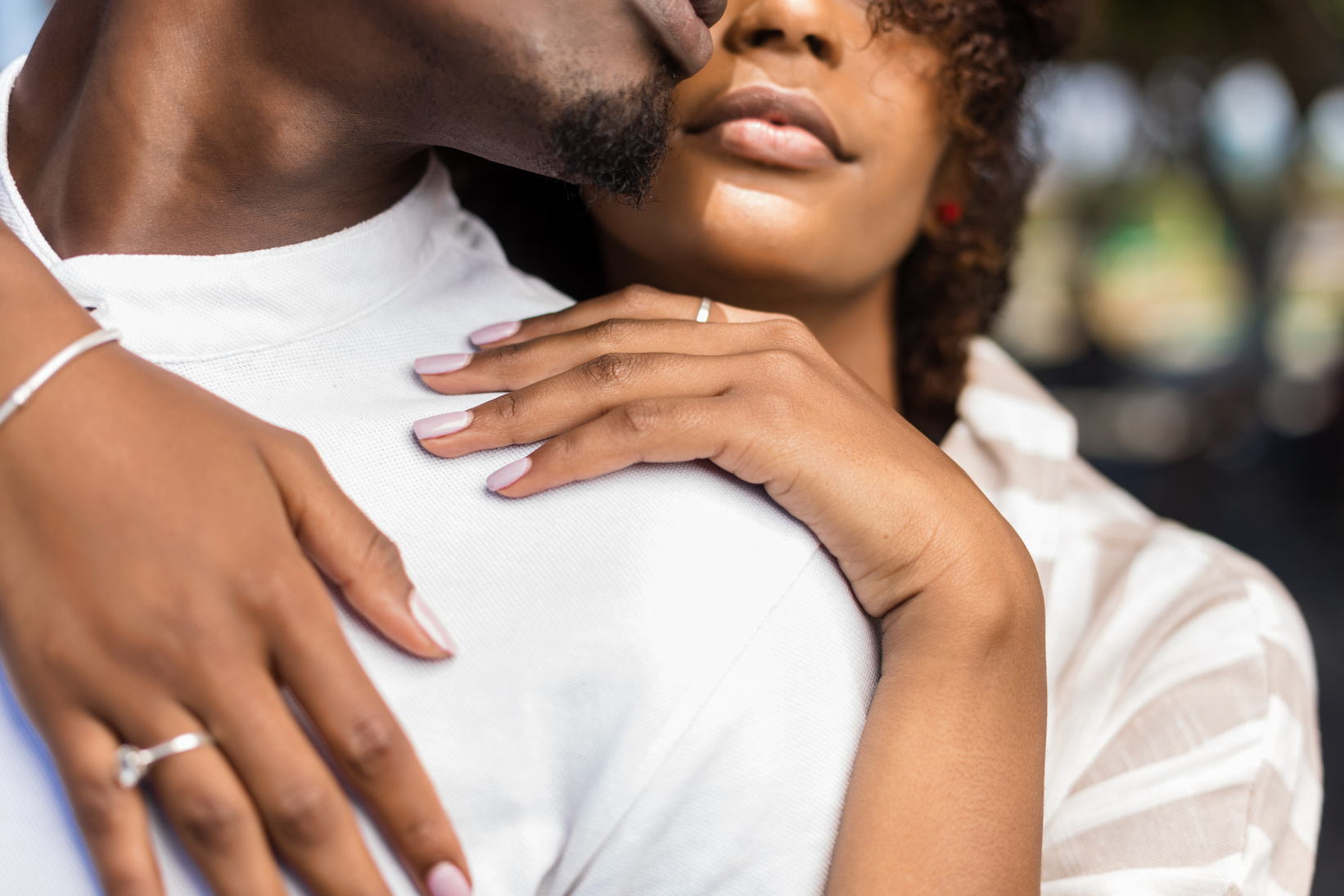 Close up Outdoor Protrait of Black African American Couple Embra